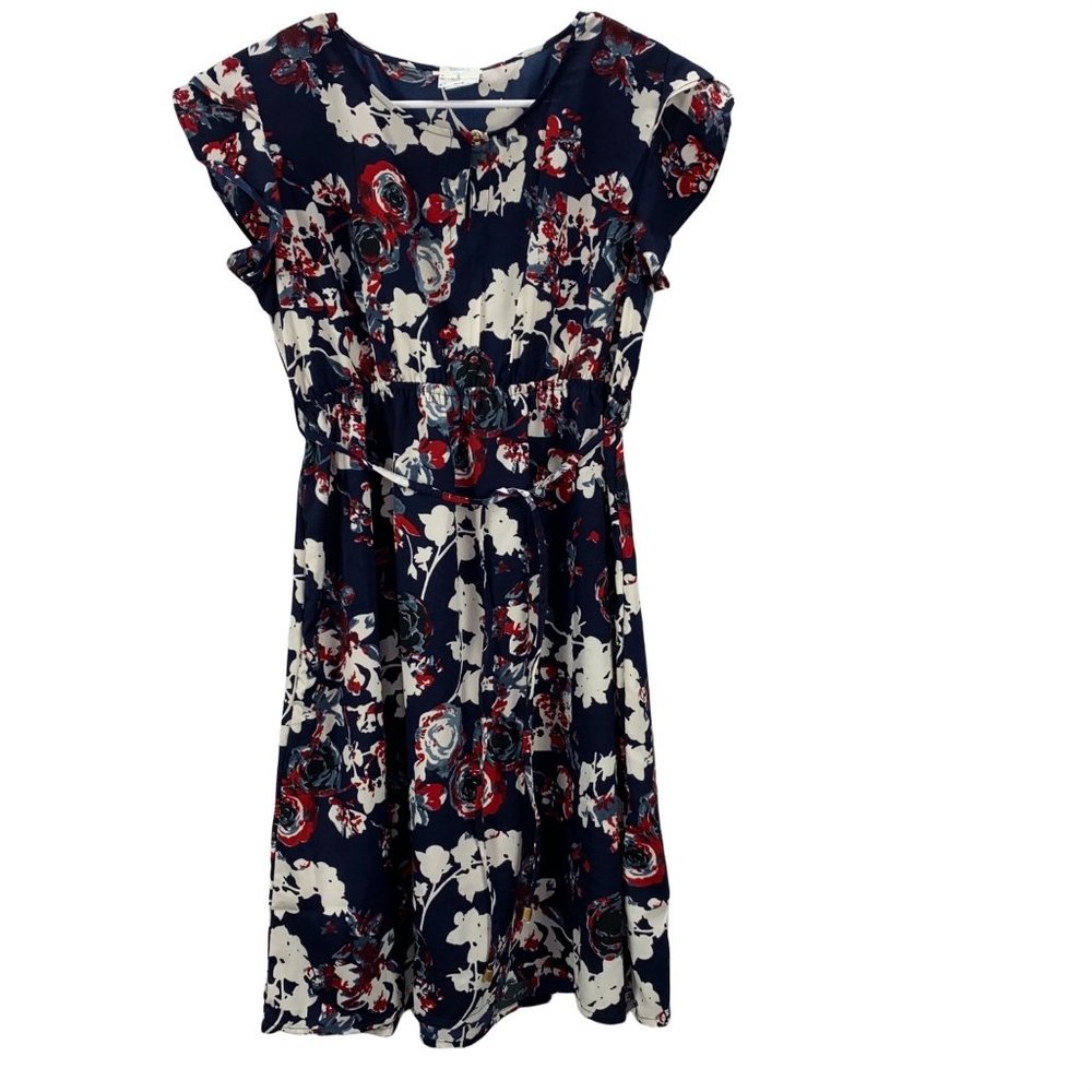 Maternity Dress Navy Blue Floral Flutter Sleeves A Line Oh Mamma NWT sz M